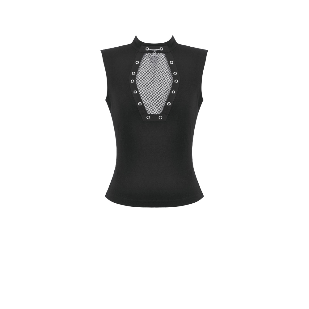 Dark in Love - Punk Coffin Mesh Panel Mouwloze top - Zwart